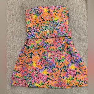 Amanda Uprichard Strapless Floral Belted Mini Dress - Pink Orange Green Purple